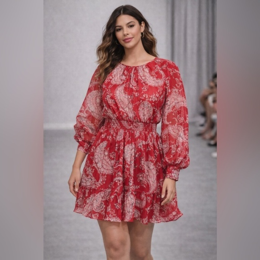ZARA Red Paisley Mini Dress Sheer Long Sleeve Size M D05